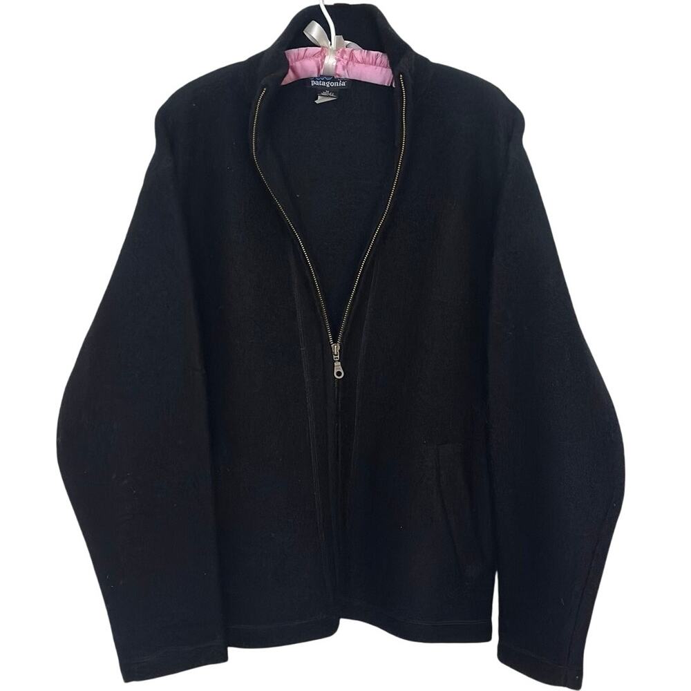 Patagonia Womens M Black 100% Wool Boucle Full Zip Jacket Knit Sweater Cozy Fall